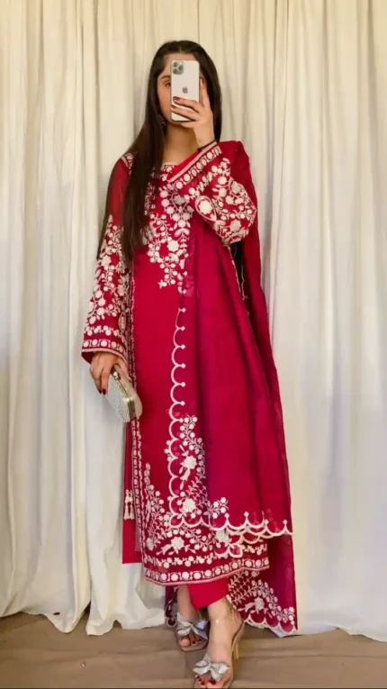 Majenda Pink Net Dress with Floral Accents 3 Piece Stitched