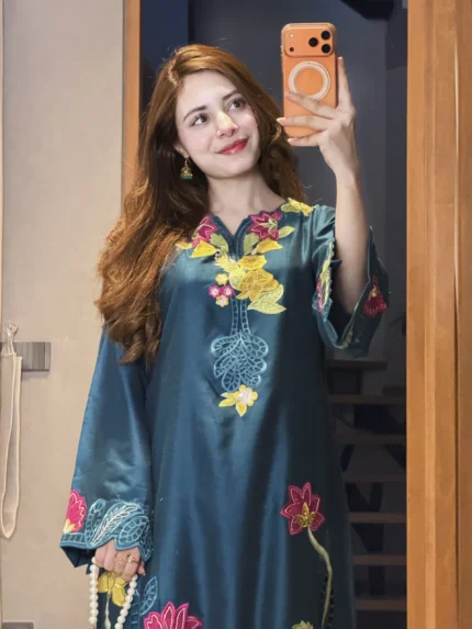 Teal Floral Applique Silk Kaftan