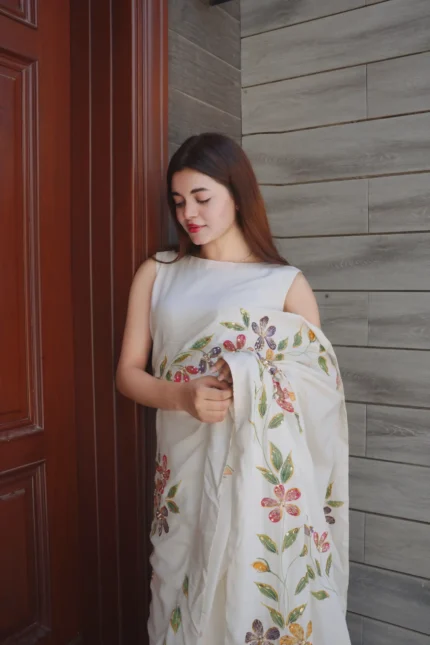 White Rawsilk Saree Stitched