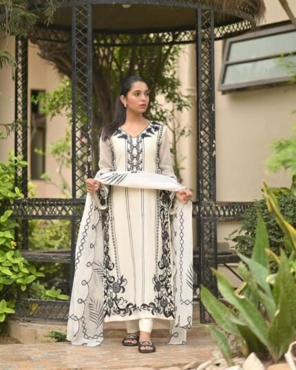 White Cutwork ombre-silk net kurta 3 piece stitched